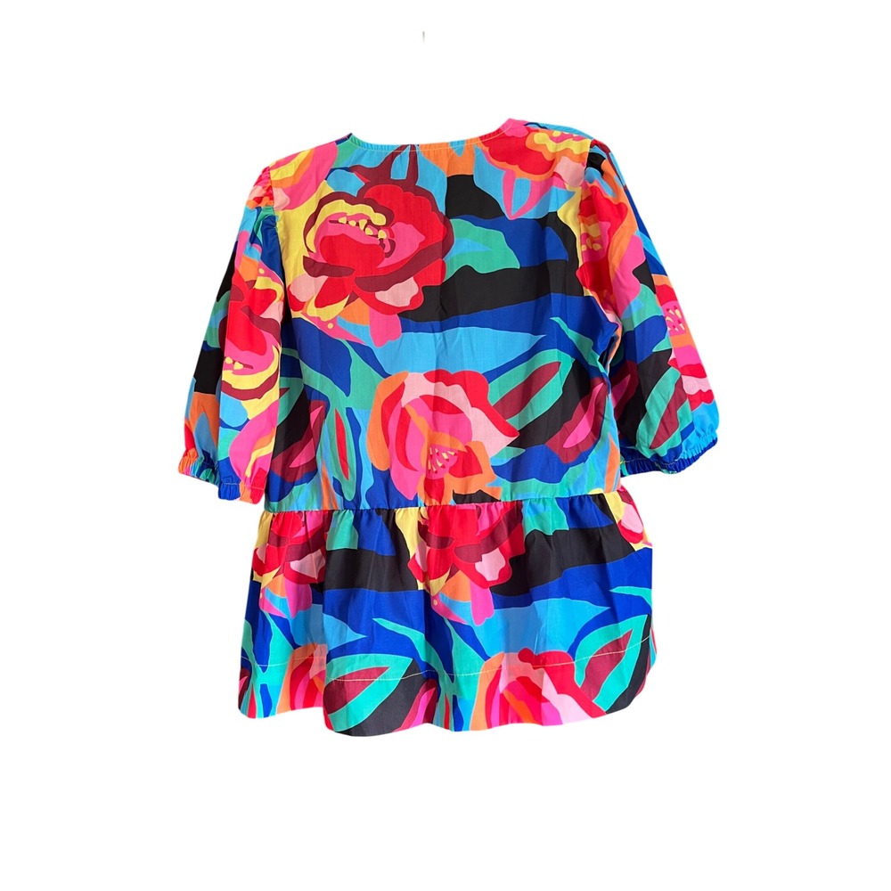 Floral Bow Front Peplum Top Multi Color Puff Sleeve Large Bold Print Blouse